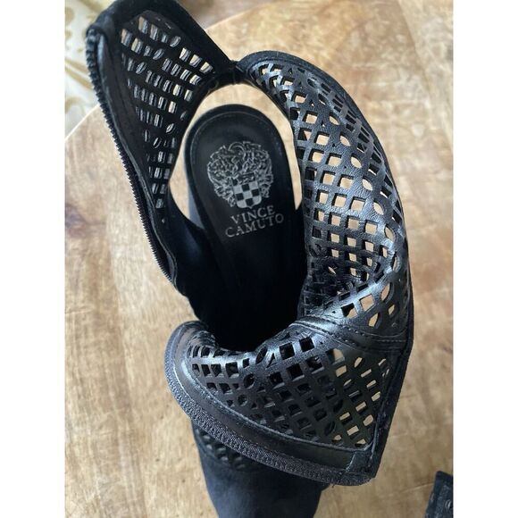 Vince Camuto Black Suede  Cutout Peep Toe Booties 9.5M Chunky Heel Sandals - Picture 6 of 8